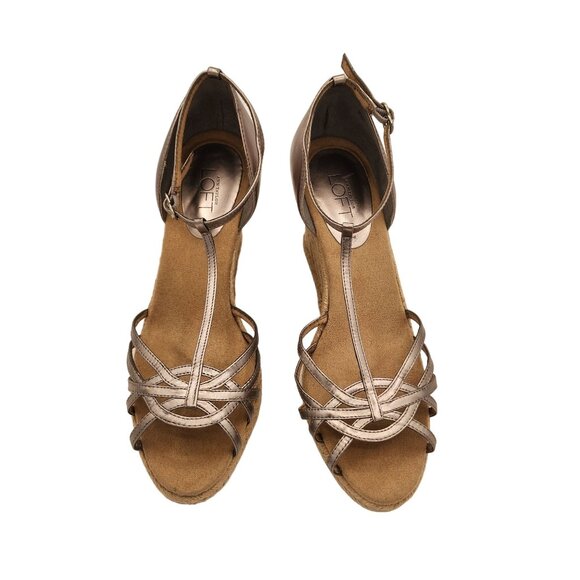Ann Taylor LOFT Bronze Wedge Sandals - Size 7.5 - Strappy Espadrille High Heel - Picture 2 of 6